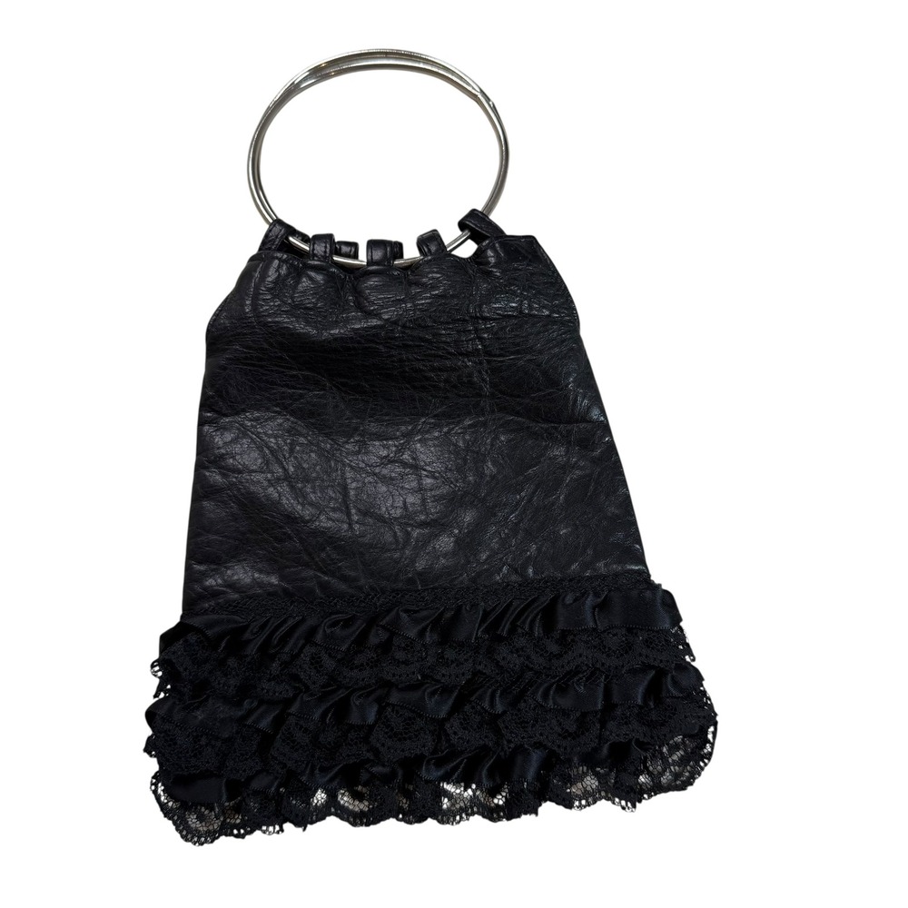 Jenni Joeltz Black Leather Lace Ruffle Mini Ring Handle Purse‎ Party Bag
